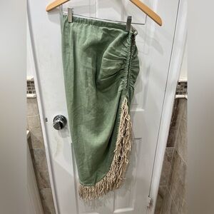 Green Midi Skirt with Fringe Detail